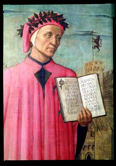 神の喜劇からのDanteの読み、Dante Alighieri 1265-1321の詳細、42355の1465パネルの詳細 作： Domenico di Michelino